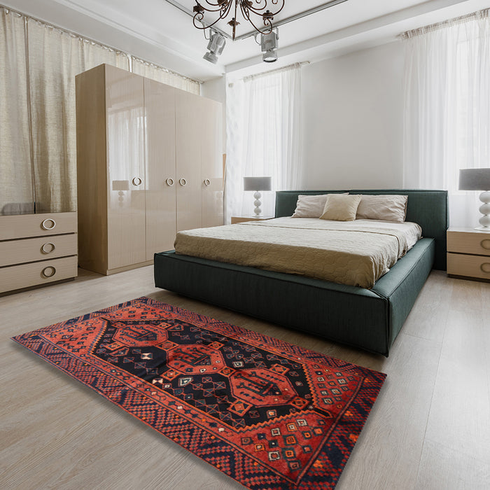 Traditional Chestnut Brown Persian Rug in a Bedroom, tr1996