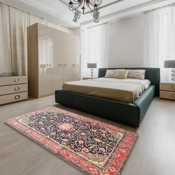 Traditional Light French Beige Brown Medallion Rug in a Bedroom, tr200