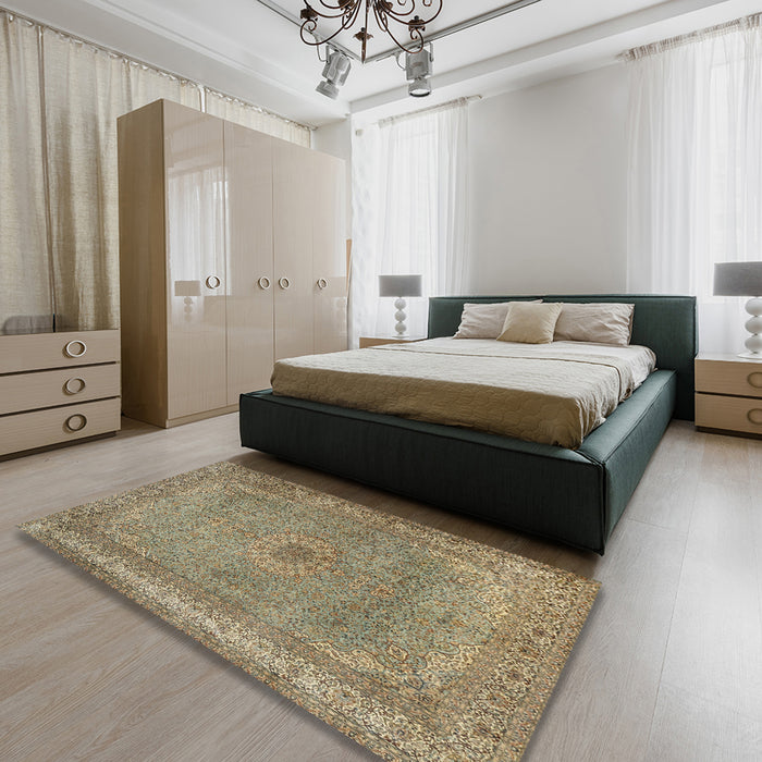 Traditional Brownish Green Persian Rug in a Bedroom, tr2013