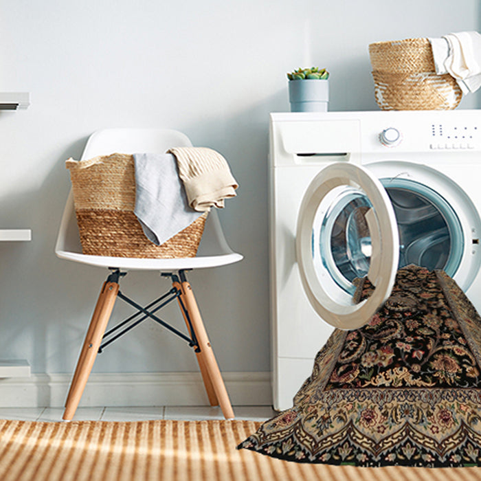 Machine Washable Traditional Black Brown Rug in a Washing Machine, wshtr2036