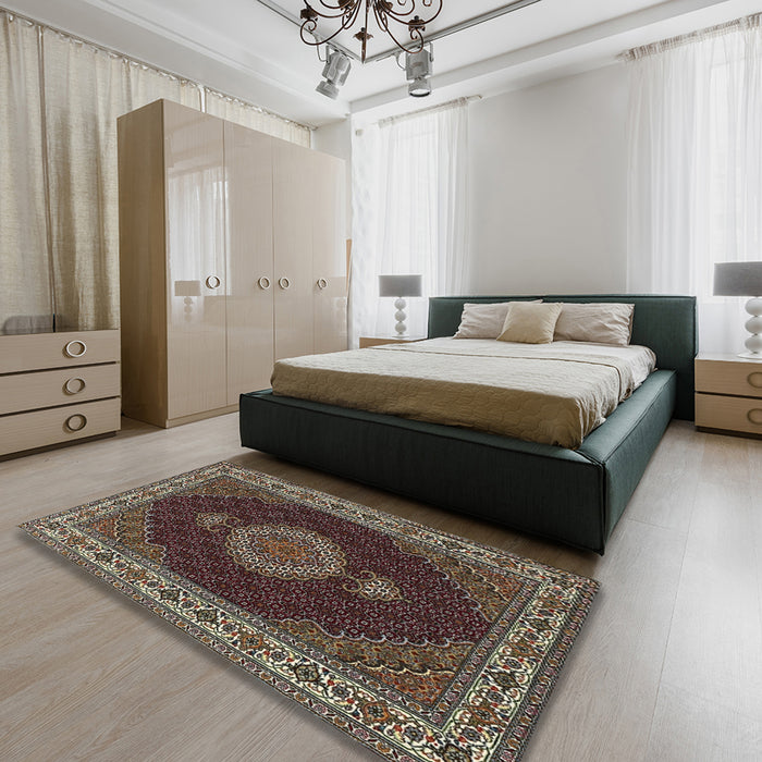 Traditional Khaki Green Medallion Rug in a Bedroom, tr2038