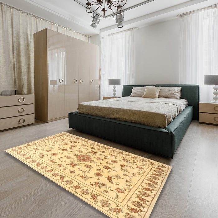 Machine Washable Traditional Mustard Yellow Rug in a Bedroom, wshtr2058