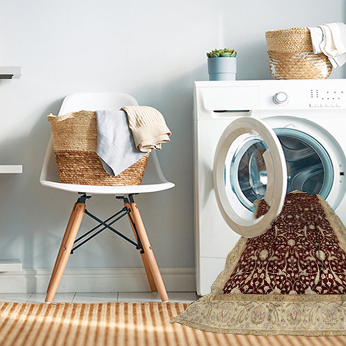Machine Washable Traditional Saffron Red Rug in a Washing Machine, wshtr2084