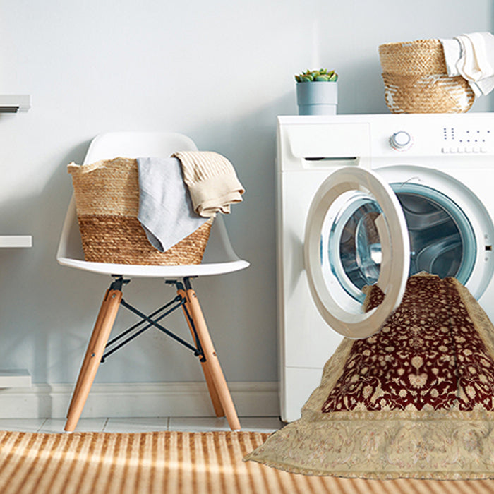Machine Washable Traditional Saffron Red Rug in a Washing Machine, wshtr2109