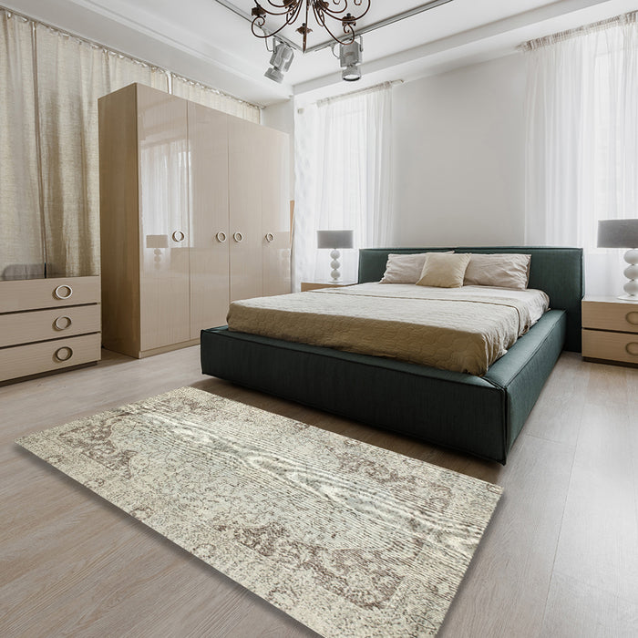 Traditional Tan Brown Gold Persian Rug in a Bedroom, tr2114
