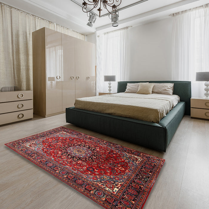 Machine Washable Traditional Dark Almond Brown Rug in a Bedroom, wshtr2128