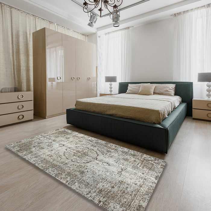 Traditional Khaki Green Persian Rug in a Bedroom, tr2137