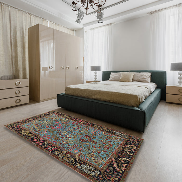 Traditional Khaki Green Animal Rug in a Bedroom, tr2195