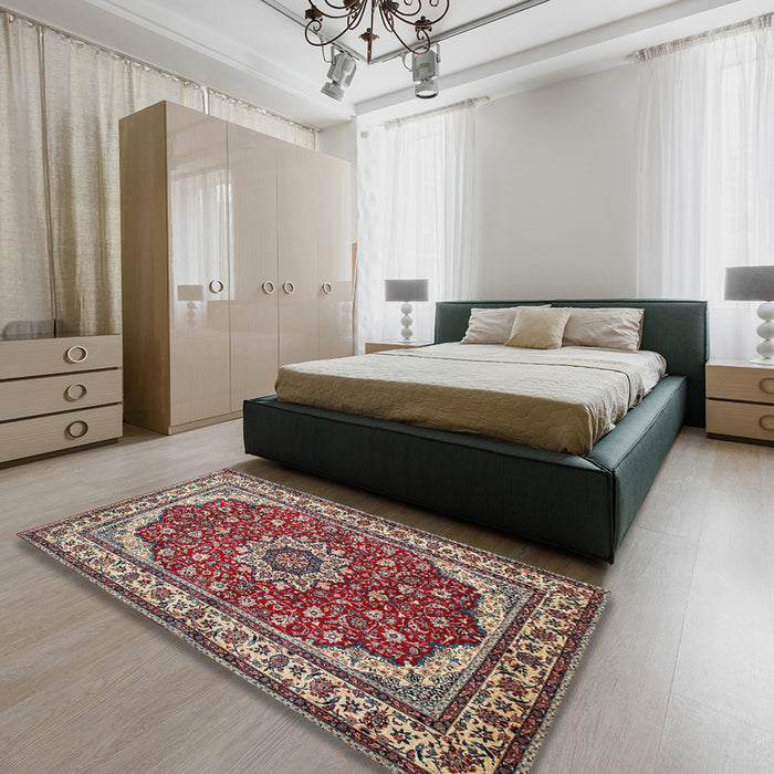 Traditional Light French Beige Brown Medallion Rug in a Bedroom, tr21