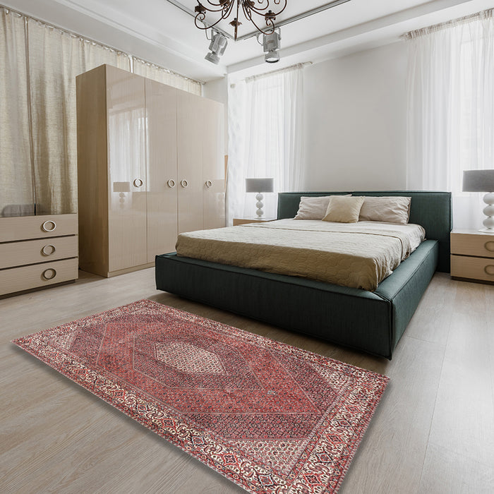 Traditional Fire Brick Red Persian Rug in a Bedroom, tr2257