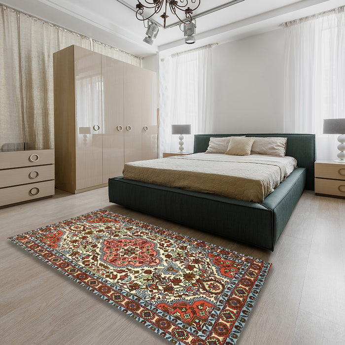 Traditional Light French Beige Brown Persian Rug in a Bedroom, tr2343