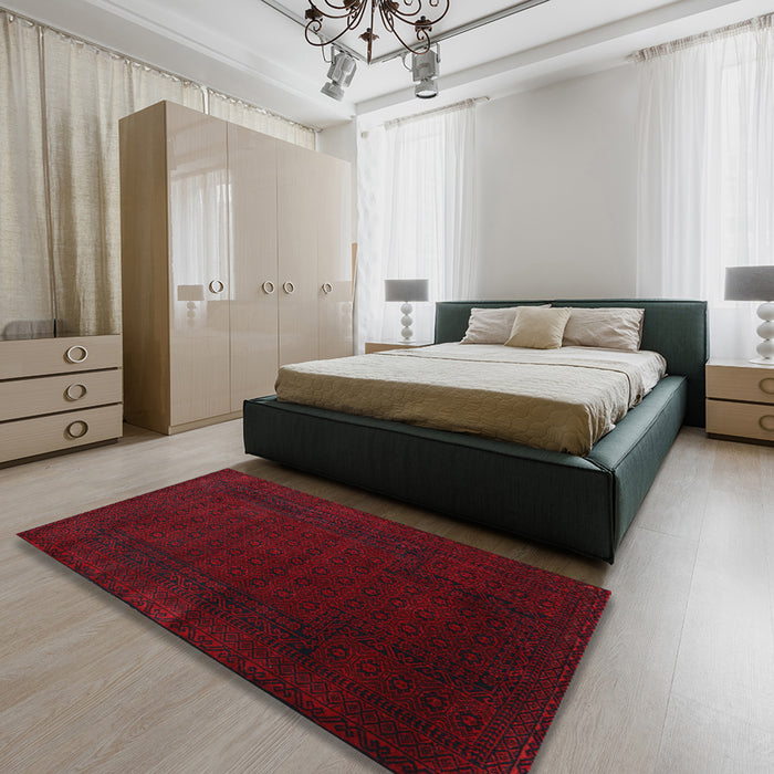 Traditional Dark Scarlet Red Persian Rug in a Bedroom, tr2362