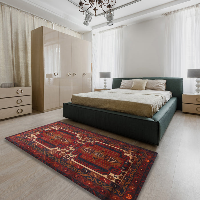 Traditional Chestnut Brown Persian Rug in a Bedroom, tr2371