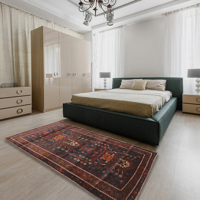Traditional Chestnut Brown Persian Rug in a Bedroom, tr2399
