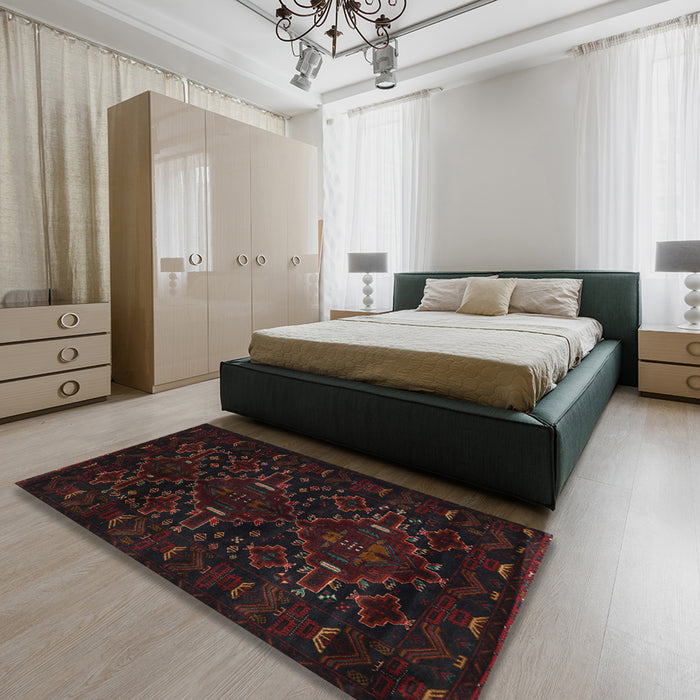 Traditional Burgundy Brown Persian Rug in a Bedroom, tr2402