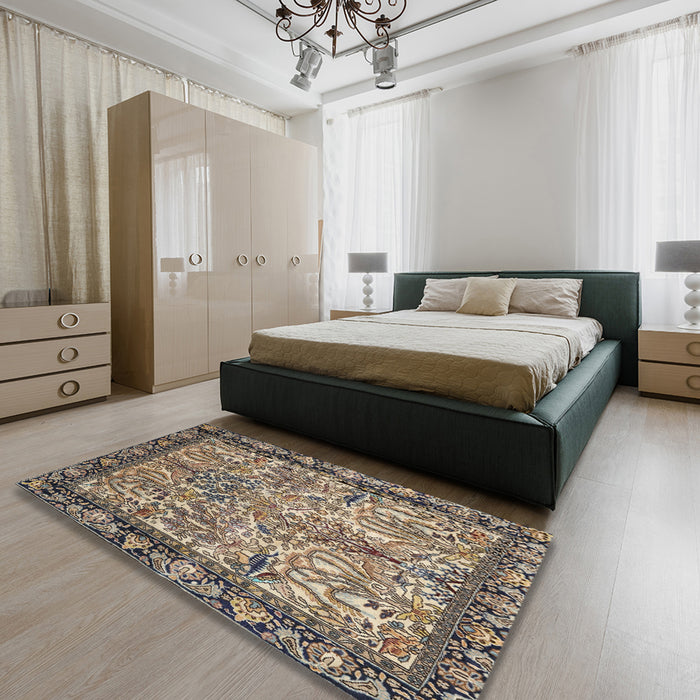 Traditional Dark Brown Persian Rug in a Bedroom, tr2404