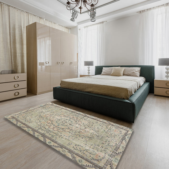 Machine Washable Traditional Khaki Green Rug in a Bedroom, wshtr2460