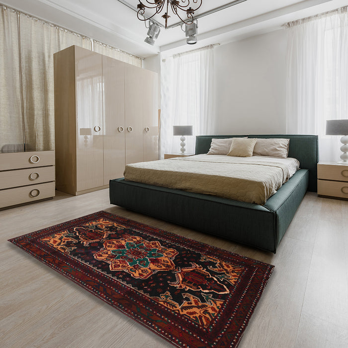 Traditional Dark Brown Persian Rug in a Bedroom, tr2499