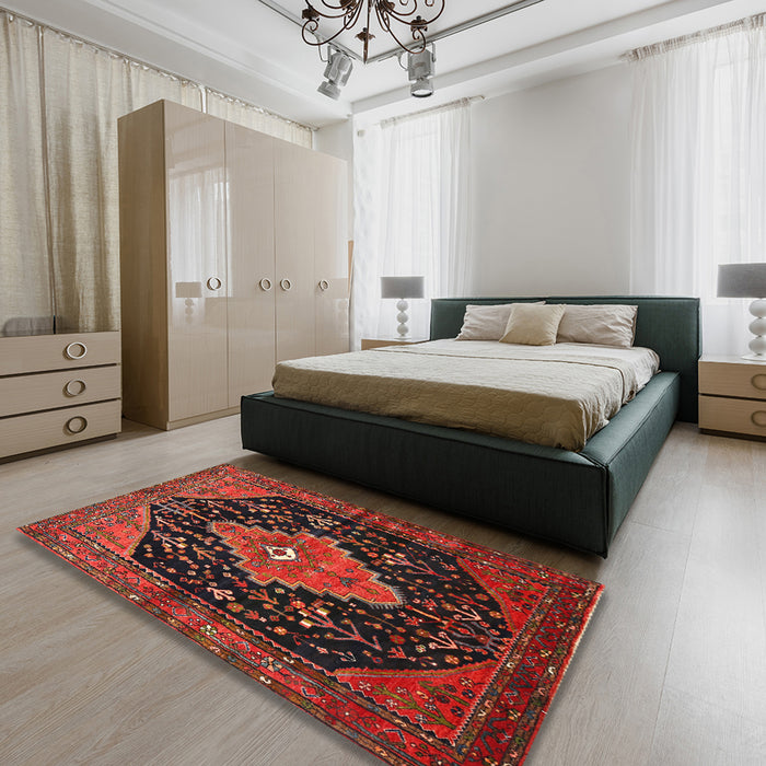 Traditional Chestnut Brown Medallion Rug in a Bedroom, tr252