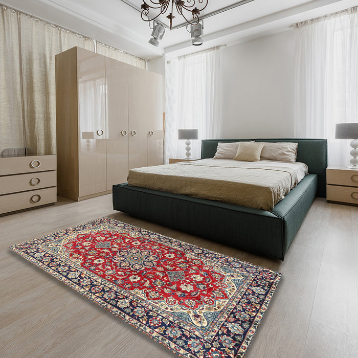 Traditional Light French Beige Brown Medallion Rug in a Bedroom, tr2535