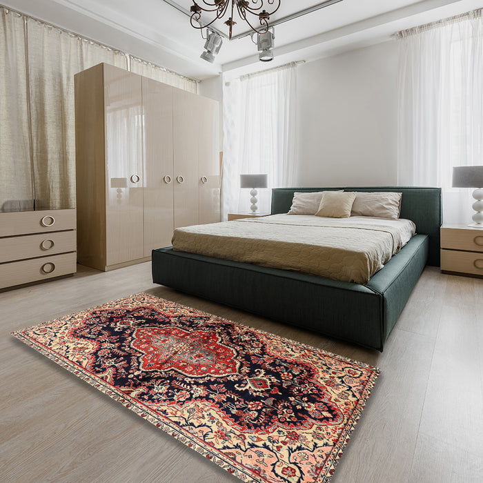 Machine Washable Traditional Vermilion Red Rug in a Bedroom, wshtr2547
