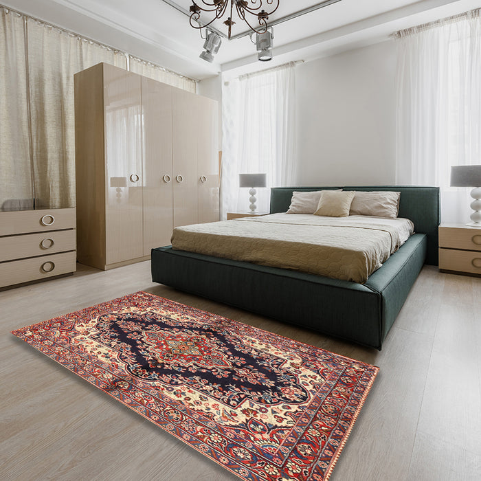 Machine Washable Traditional Saffron Red Rug in a Bedroom, wshtr2567