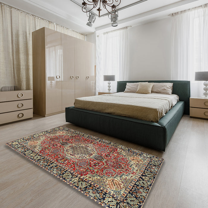 Traditional Dark Khaki Green Medallion Rug in a Bedroom, tr2570