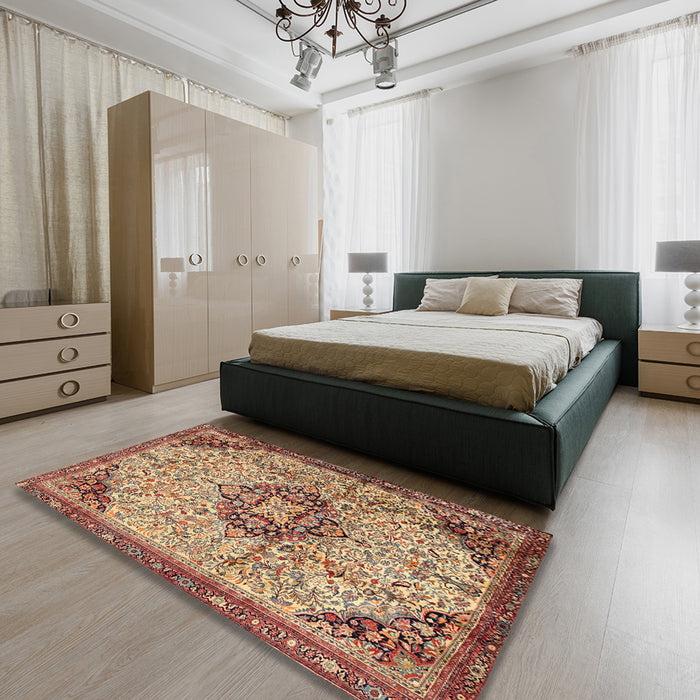 Machine Washable Traditional Sandy Brown Rug in a Bedroom, wshtr2574