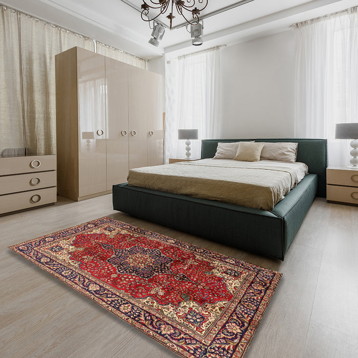Machine Washable Traditional Saffron Red Rug in a Bedroom, wshtr2575
