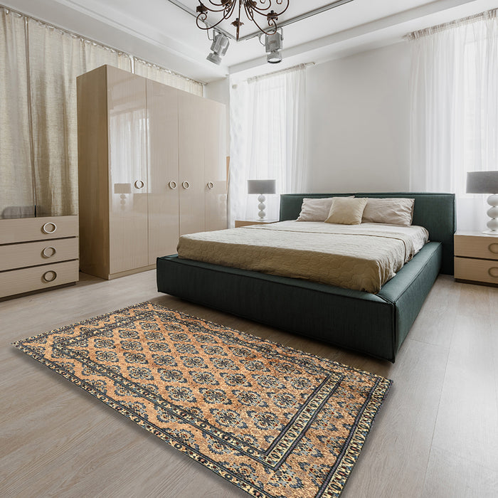 Traditional Dark Brown Persian Rug in a Bedroom, tr2576