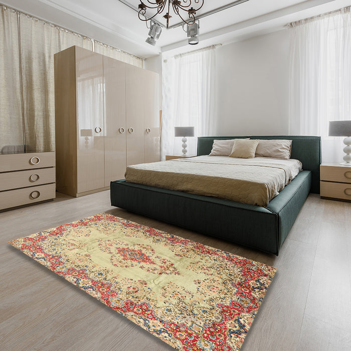 Machine Washable Traditional Brown Gold Rug in a Bedroom, wshtr2590