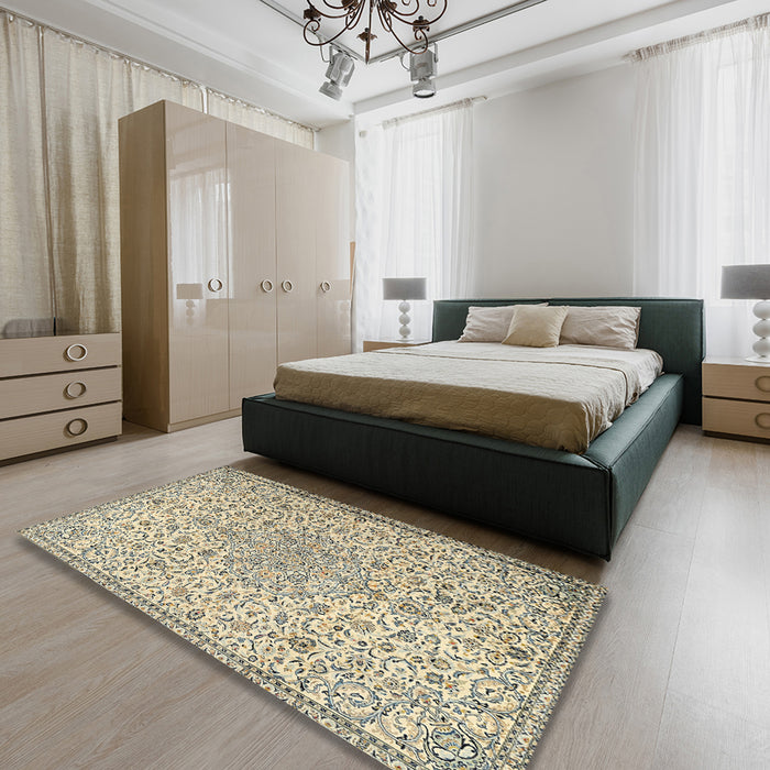 Machine Washable Traditional Khaki Gold Rug in a Bedroom, wshtr2607