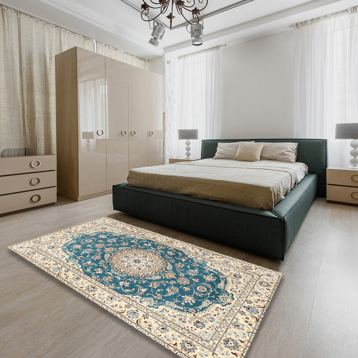 Traditional Grayish Turquoise Green Persian Rug in a Bedroom, tr2646