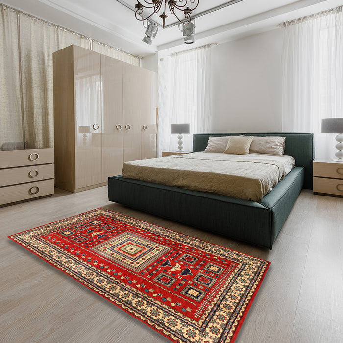 Traditional Red Geometric Rug in a Bedroom, tr2678