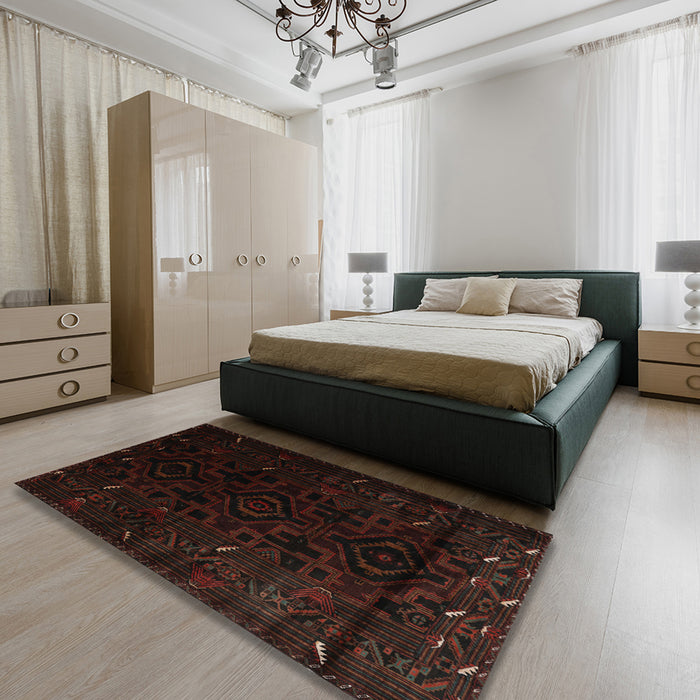 Machine Washable Traditional Black Brown Rug in a Bedroom, wshtr2680