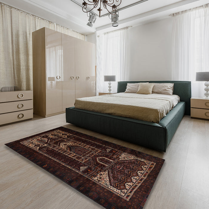 Machine Washable Traditional Black Brown Rug in a Bedroom, wshtr2695