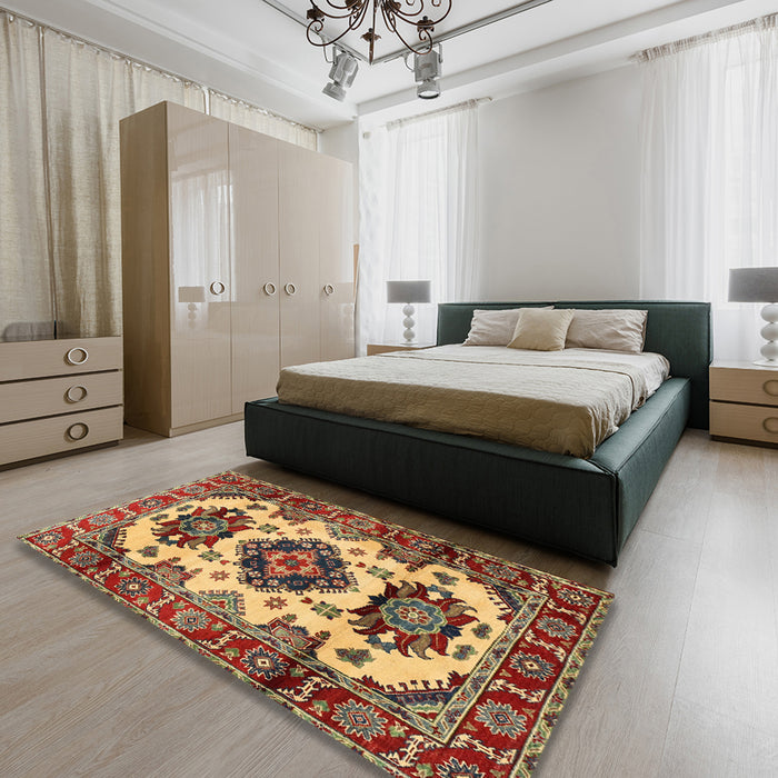 Traditional Fire Brick Red Geometric Rug in a Bedroom, tr2719