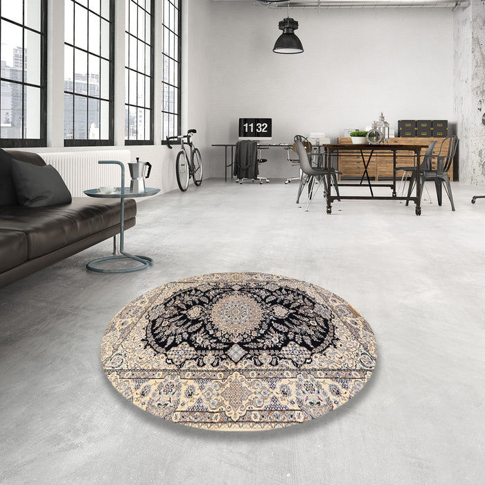 Round Machine Washable Traditional Desert Sand Beige Rug in a Office, wshtr2742