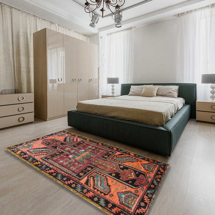 Traditional Dark Gold Brown Persian Rug in a Bedroom, tr279