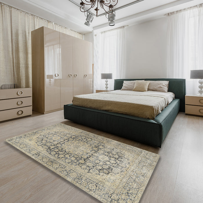Traditional Khaki Green Persian Rug in a Bedroom, tr2800