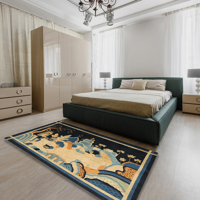 Traditional Copper Green Oriental Rug in a Bedroom, tr281