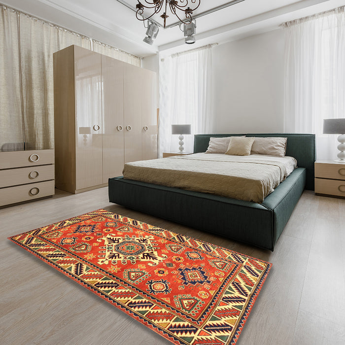 Traditional Gold Geometric Rug in a Bedroom, tr282