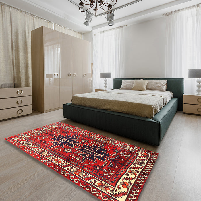 Machine Washable Traditional Dark Almond Brown Rug in a Bedroom, wshtr2845