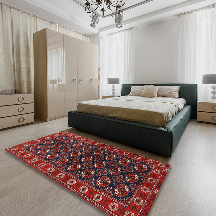 Machine Washable Traditional Tomato Red Rug in a Bedroom, wshtr2847