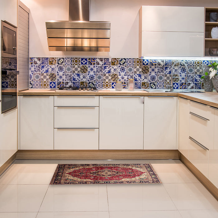 Traditional Saffron Red Persian Rug in a Kitchen, tr287