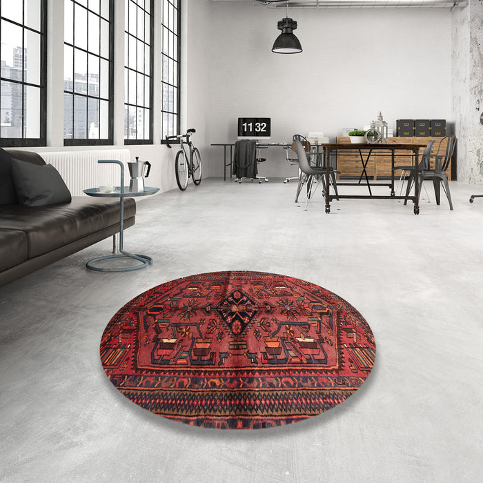 Round Machine Washable Traditional Brown Red Rug in a Office, wshtr288