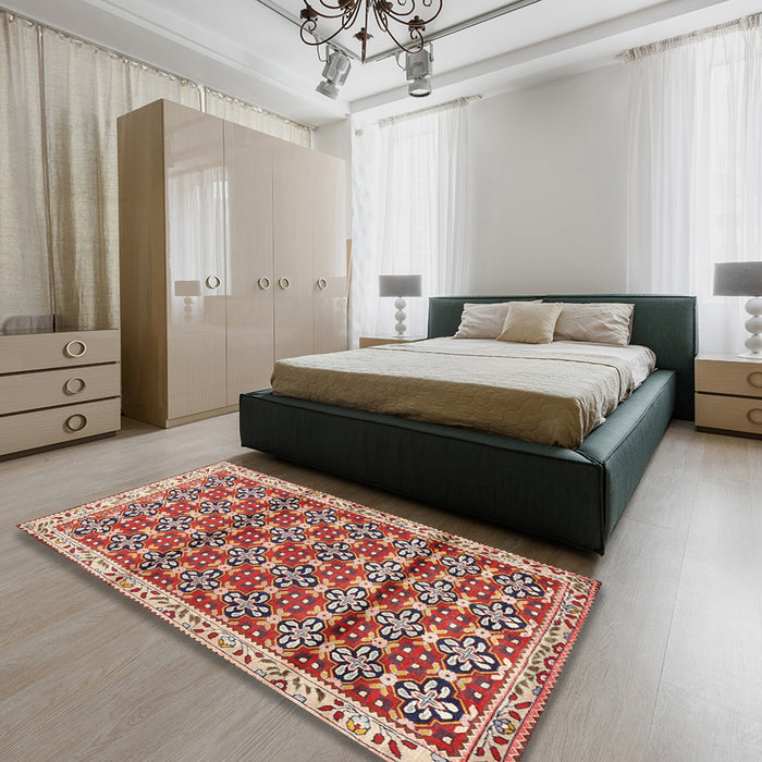 Traditional Fire Brick Red Persian Rug in a Bedroom, tr2966