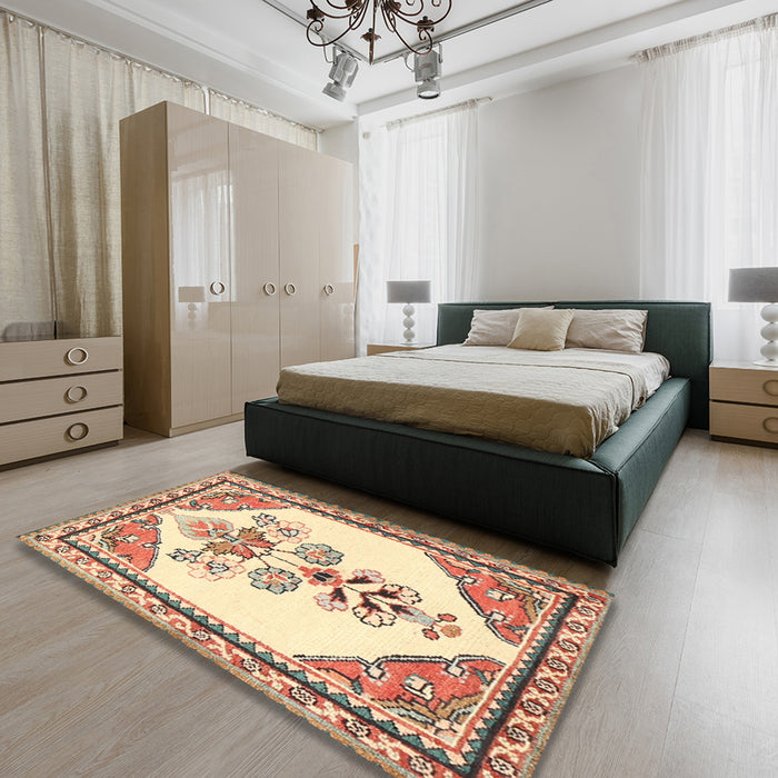 Machine Washable Traditional Khaki Gold Rug in a Bedroom, wshtr2989