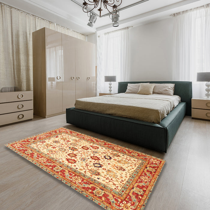 Traditional Orange Red Oriental Rug in a Bedroom, tr3006
