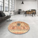 Round Traditional Chocolate Brown Geometric Rug in a Office, tr3010